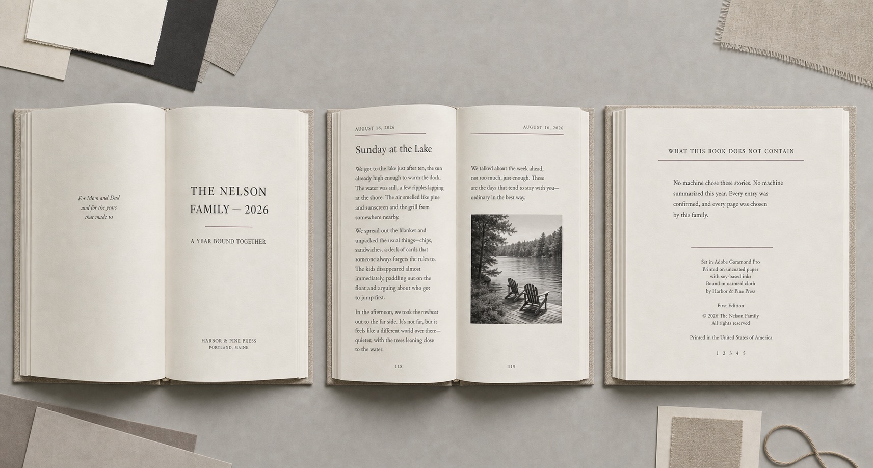 Three copies of a Haklo family annual book, opened to the dedication page, an entry titled "Sunday at the Lake," and the closing colophon page