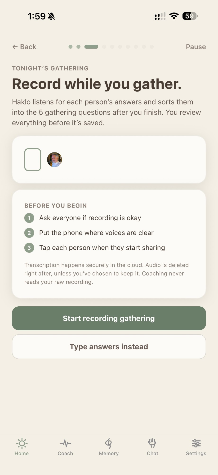 The recording setup screen — Record while you gather, with steps to ask everyone if recording is okay and start.